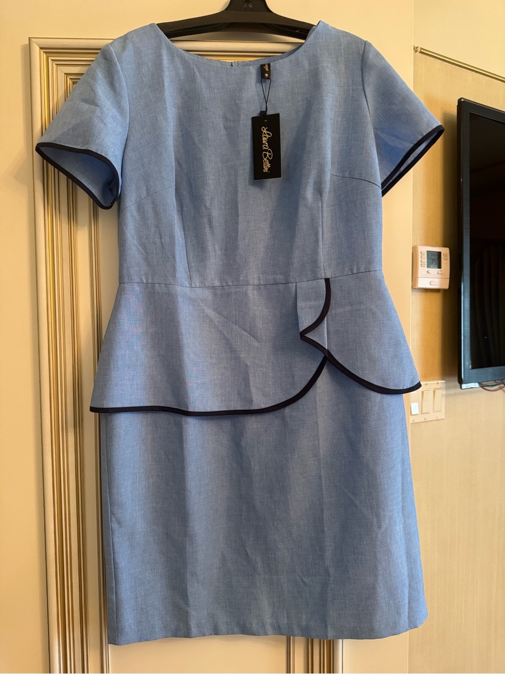 Bellini Sky Blue Midi Dress with Navy Trim